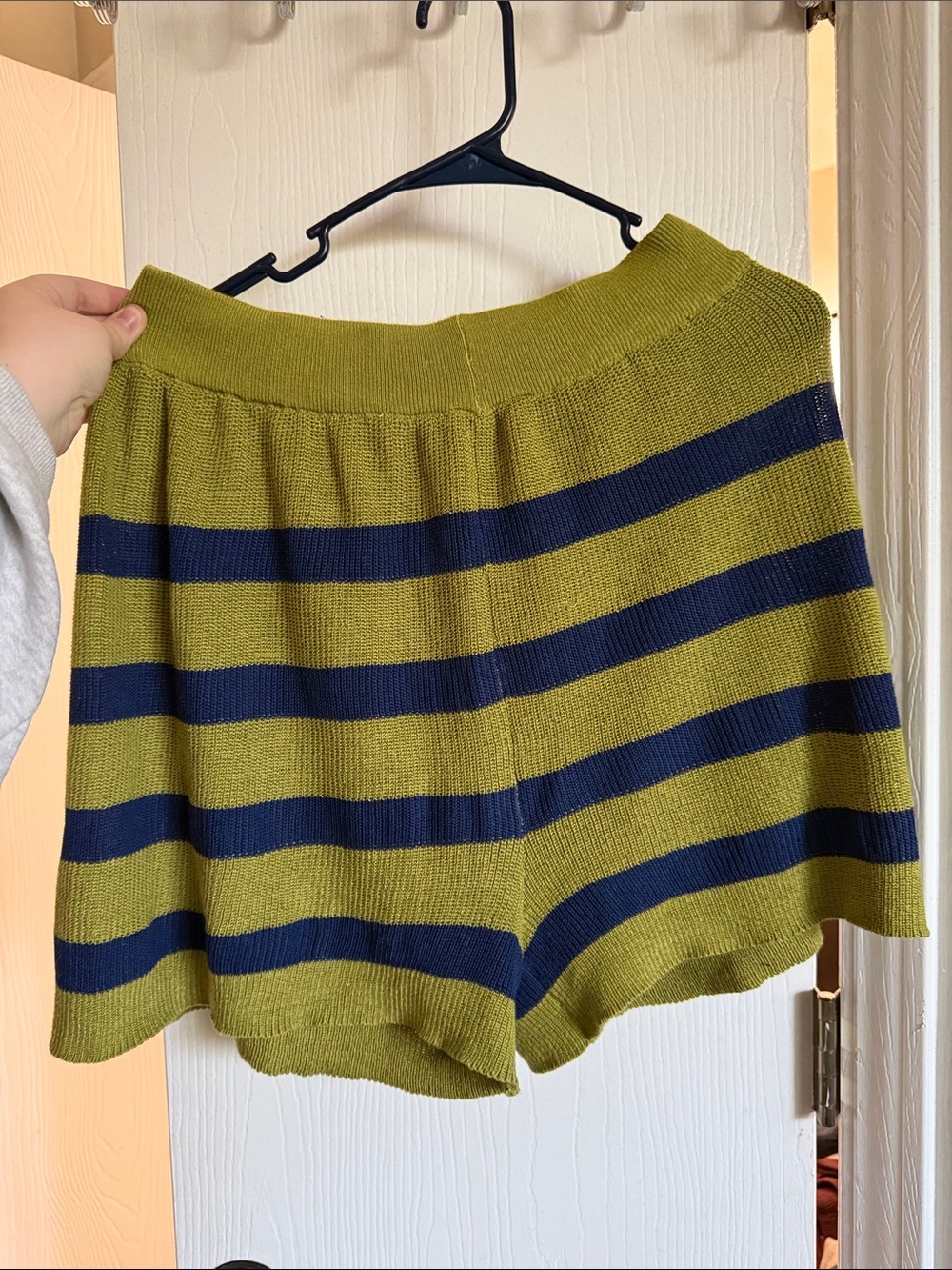 Knit Striped Women's Shorts in Olive Green and Navy